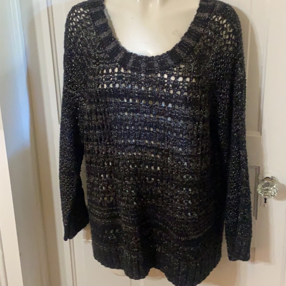 Narciso Rodriguez Black Metallic Open Knit Long Sleeve Pull Over Sweater Top.